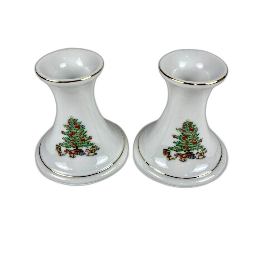 VTG Meiwa Home for the Holidays Christmas Candleholders Set Japan 3.75” Tree